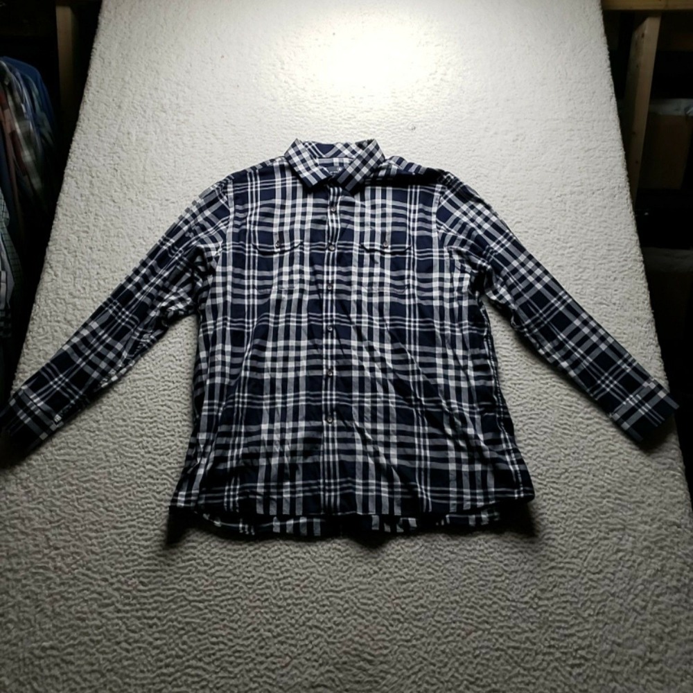 Hart Schaffner Marx Shirt Mens 2XL Blue Plaid 100% Cotton Long Sleeve Button-Up